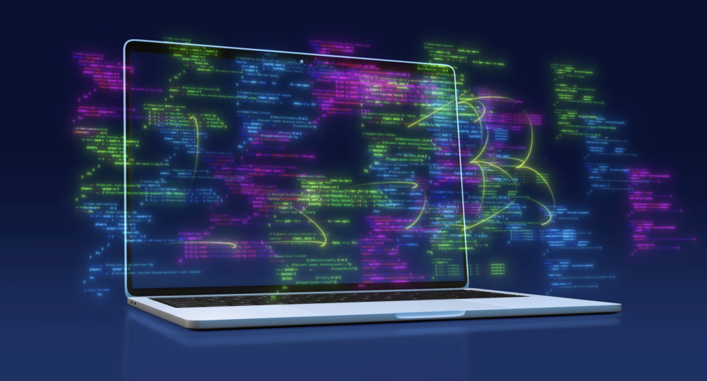 Laptop with neon, multicolored code and glowing data paths emanating from the screen.